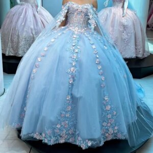 Customized sky blue Off Shoulder Quinceanera Dress crystal sequin Tull Lace Long tail Bow vestidos de 15 Quinceanera