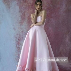 XIXI فساتين سهرة Pink A-Line Strapless Zipper Up Sleeveless Flowers Floor-Length Wedding Party Dress Vestidos De Festa Evening