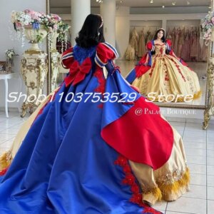 Blue Gold Princess Victorian Quinceanera Dresses Fairy Long Sleeve Lace-up Corset Feahter Customisation 15 años quinceañera
