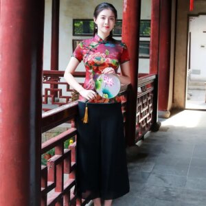 Summer Retro Printed All-Matching Chinese Style High Quality Real Silk Cheongsam Qipao Women’s Dress Top Suit