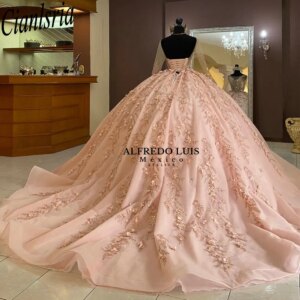 Pink Illusion Long Sleeve Beading Crystal Quinceanera Dresses Ball Gown 3D Flowers Appliques Lace Sweet 15 Birthday Party