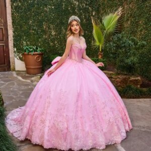 Customized Shiny Pink V-neck Off Shoulder Quinceanera Dress sequin applique flower Bow vestidos de 15 Quinceanera 