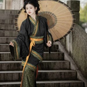 Ma Wangdui Style Hanfu Dress and Mermaid Fish Tail Gown Attire Cotton Jacquard Shu Brocade Warring States Period Long Robe FE018
