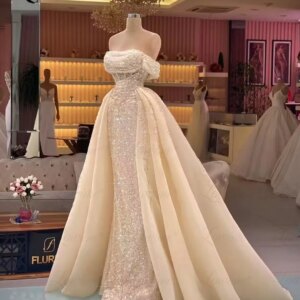 Lowime Shiny Prom Dress Strapless Long Wedding Party Dresses Robes De Soiree Arabic Beaded With Detachable Train Evening Gowns