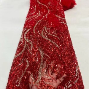 New African Fabrics 2025 Embroidered Lace Fabrics Luxury Beaded Lace Fabric Wedding 5 Yards French Lace Fabrics Red Lace A1089-1