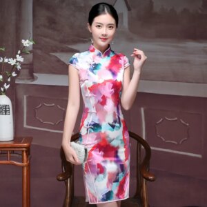 Qing Summer New High Quality Real Silk Improved Cheongsam Qipao Women’s Dress