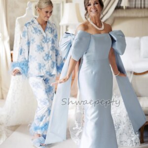 Elegant Bow Off Shoulder Mother Of The Bride Dress Floor Length Light Sky Blue Satin Straight Long Wedding Party Gown Customized