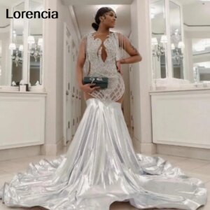 Customized Silver Diamond Long Mermaid Evening Reception Gown for Black Girl Crystal Sheer Mesh Prom Birthday Gala Gown YPD196