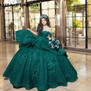 EVLAST Customized Green Quinceanera Dress Ball Gown Shiny Applique Beaded Tiered Bow Corset Sweet 16 Vestido De 15 Anos E3Q367