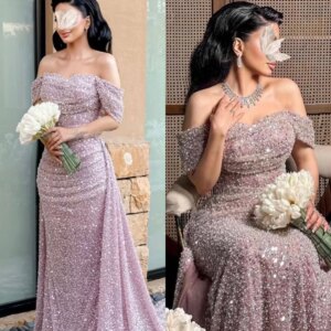 Customized Sequin Draped Pleat Ruched Prom A-line Off-the-shoulder Bespoke Occasion Gown Long Dresses