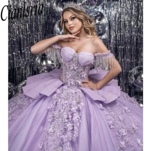 Lilac Beading Tassel Bow Quinceanera Dresses Ball Gown Floral Appliques Lace Ruffles Sweet 15 Años Mexican Customized