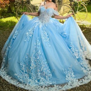 Sky Blue Shiny Quinceanera Dresses Ball Gown Off The Shoulder Applique Lace Beading Bow Tull Party Birthday Sweet 16 Dress Vesti