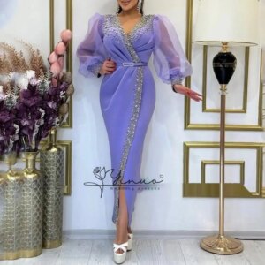 customized  Handmade Beaded Luxury Prom Dresses with Sash Long Sleeves Evening Gowns Saudi Arabia Women Side Slit Formal Dress