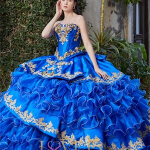 Royal Blue Ruffles Train Quinceanera Dresses Gold Embroidery With Half Sleeve Coat Beaded Crystals Ball Gown vestidos Customized