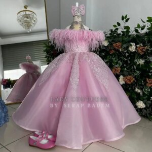 Luxurious Pink Flower Girl Dresses Glitter Beads Feathers Kids Birthday Gowns Charming A Line Children Wedding Guest Dresses