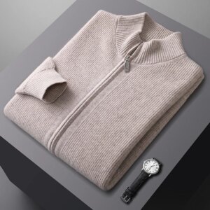 Fall-Winter 2024 New Knitted Wool Sweater Men’s 100% Wool Men’s Top Round Neck Knitted Zipper Cardigan Padded Warm Long Sleeves