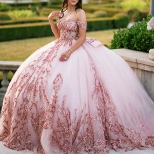Pink Quinceanera Dresses Off Shoulder Ball Gown Sweet 16 Dress Applique Bow Beads Tull Corset Birthday Party Vestidos 15 Anos