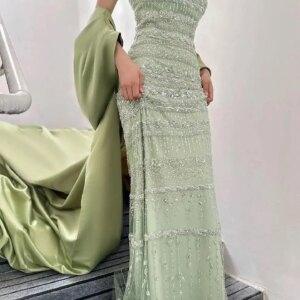 Customized Modern Straight Floor Length Strapless Organza Sleeveless Crystal Pleats Evening Dress Elegant vestidos para mujer
