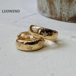 LUOWEND 100% 18K Yellow Gold Earrings 3.5gram French Lazy Style Star Pattern Design Hoop Earring for Women High Party Jewelry