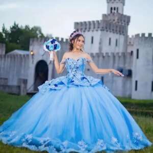 Light Blue Quinceanera Dresses Beading Ball Gown 3D Flowers Ruffles Organza Vestidos De 15 Años Customized