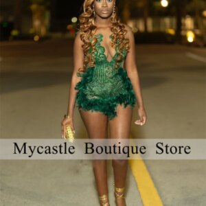 Green Feathers Customized Short Prom Dress For Black Girl 2025 Crystals Rhinestone Mini Cocktail Dresses Birthday Party Dress