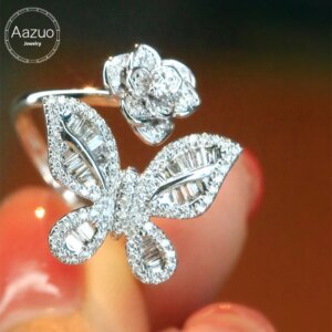 Aazuo Real 18K Solid White Gold Real Diamonds Flower Butterfly Open Ring Gifted For Woman Deluxe Banquet Fashion Jewelry Au750