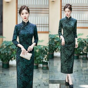 Retro National Style Middle-Aged  Elderly Women’s Dress Cheongsam Qi Pao Autumn  Improved Chinese Long Mid-Sleeve