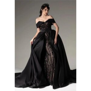 Black Lace Women Evening Dress With Stain Train Off The Shoulder Long Sleeves Custom Made Gown Vestido de novia