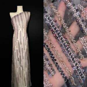 Embroidered cloth vertical stripe lace mixed color bead mesh wedding dress embroidery fabric