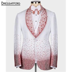 White Men’s Suits Fashion 2 Pieces Sets Jacket Pants Red Crystal Beaded Groom Prom Blazers Decoration Tuxedos Men