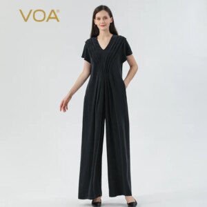 VOA Navy Blue 30 Momme Heavyweight Old Silk V-neck Raglan Short-sleeved Loose-waist Silk Wide-leg Trousers Jumpsuit Women KE793