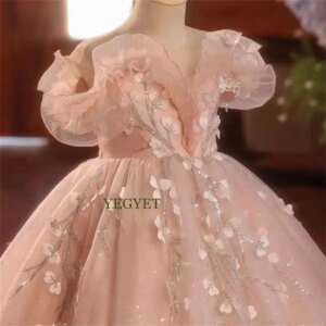 CustomizedLuxury Pink Flower Girl Dress Sequines Long Train Dubai Princess Kids Wedding Birthday Party Peformance Gown