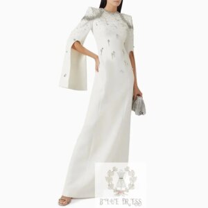 Customized Ivory Evening Dress Customized Arabian Party Gown Round Neck Long Sleeves Crystal Beading Duabi Wedding Prom Dresses