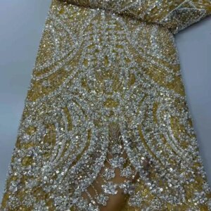 2025 Latest Luxury African Beaded Lace Fabric French Nigerian Sequin Tulle Lace Fabric Wedding Dress Party Sewn 5 Yards