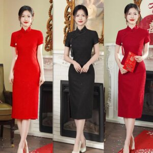 Red Lace Mid-Length Short Sleeve Engagement Cheongsam Qi Pao Summer New Retro National Style Young Lady Wedding