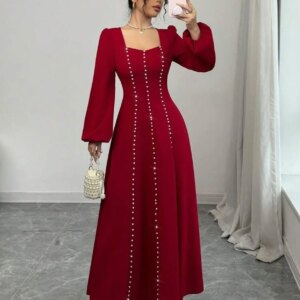 Customized Delicate Square Collar Long Sleeves Beading Evening Dresses Exquisite Pleats Burgundy Vestido De Festa Robe de soirée