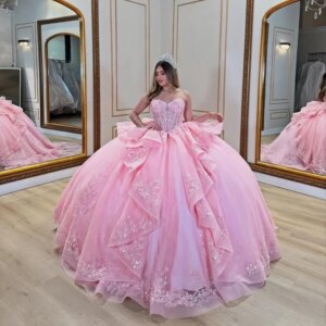 Customized Shiny Pink Off Shoulder Quinceanera Dress Lace sequin applique layering Long tail vestidos de 15 Quinceanera
