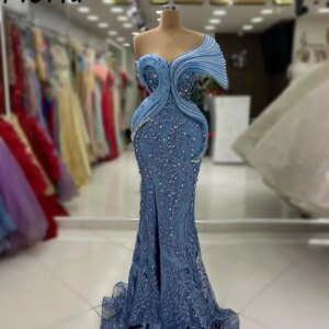 Long Blue Mermaid Evening Dresses Pearls Crystal Party Gowns For Woman Elegant Slit Wedding Dress Maxi Dress Dubai Night Gown