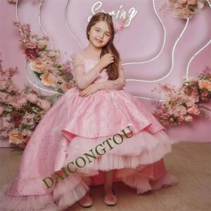 CustomizedPink Flower Girl Dress For Wedding O-neck Sequins Tulle With Bow Puffy Shining Elegant Princess First Communion Birthd
