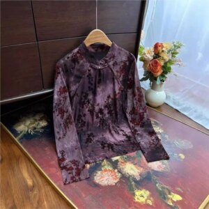 Flocking elastic mesh small shirt undercoat national style new Chinese improved cheongsam top female foreign