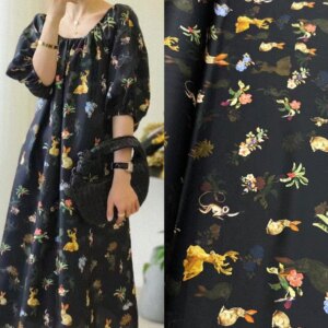 Black base printed twill stretch silk fabric temperament shirt dress