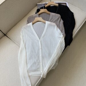 Autumn Women’s Knitted Cardigan Beaded Chain V-Neck Long Sleeve Single Breasted Casual Slim Sweater