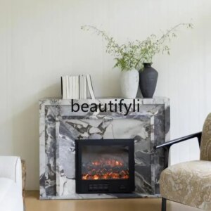 Rare blue grain/Turkish marble feeling simulated fire smart fireplace solid wood storage