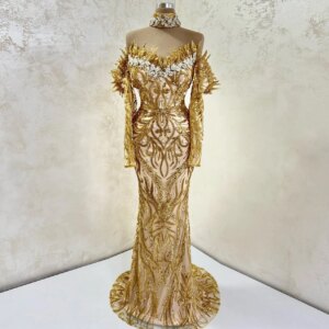 Luxury Golden Off-Shoulder Mermaid Evening Dress Full Beaded Sequin Prom Dress Strapless Floor Length Celebrity Dress Customized
