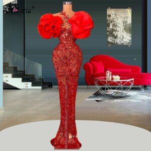 Elegant Red Mermaid Formal Dresses 2024 Delicate Rhinestone Ruffles Flowers Long Evening Gowns Aso Ebi Party Dress