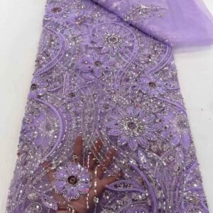 5 Yards Purple Beads Lace Fabric African Fabric Lace High Quality 2025 Sequence Nigerian French Net Mesh For Sewing