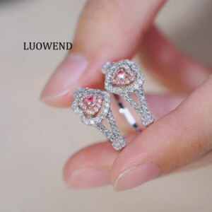LUOWEND 100% 18K White Gold Rings Romantic Heart Shape Real Natural Pink Diamond Engagement Ring for Women High Wedding Jewelry