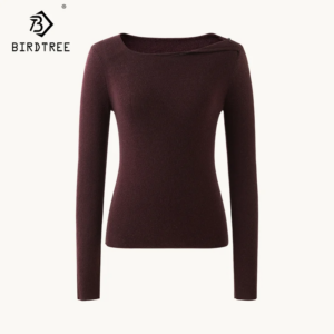 Birdtree, 91.3% Wool 8.7% Cashmere , Sweaters For Women, Skew Collar, Designed Slim Pullovers, 2024 Autumn Winter Tops, T49901QM