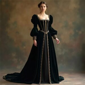 Tudor Renaissance Black Royal Court Queen Elizabeth Costume Dress Puffy Sleeve Victorian Princess Lace Up Corset Dress Ball Gown