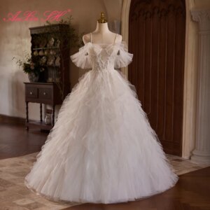 AnXin SH vintage princess white flower lace spaghetti strap crystal ruffles sleeve bride lace up customized evening dress